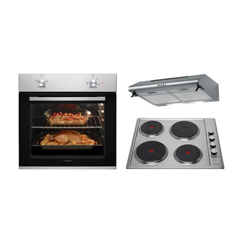 Lamona LMP9390 Stainless Steel Single Conventional Oven, Stainless Steel Solid Plate Hob and Stainless Steel Visor Cooker Hood Cooking Package