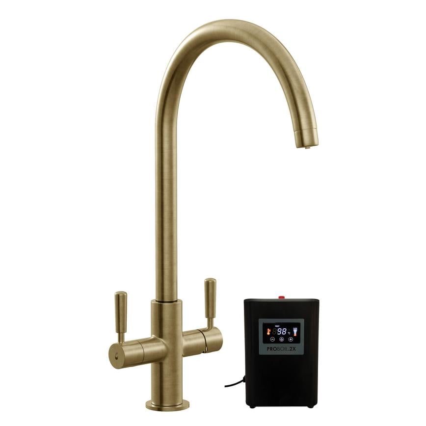 Pronteau Kynance Brushed Aged Brass Swan Neck 3 in 1 Instant Hot Water Kitchen Tap TAP6083