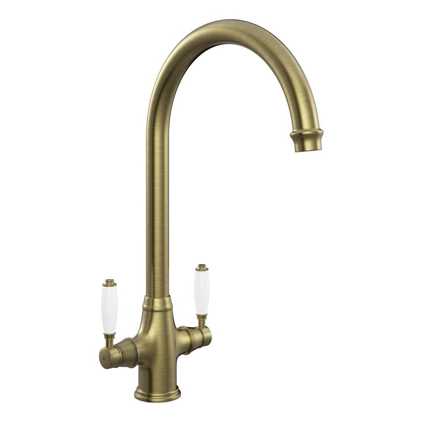 Victorian Brushed Aged Brass Swan Neck Mixer Kitchen Tap TAP3653