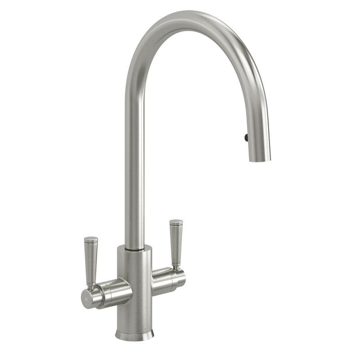 Garda Brushed Nickel Swan Neck Dual Lever Pull Out Kitchen Tap