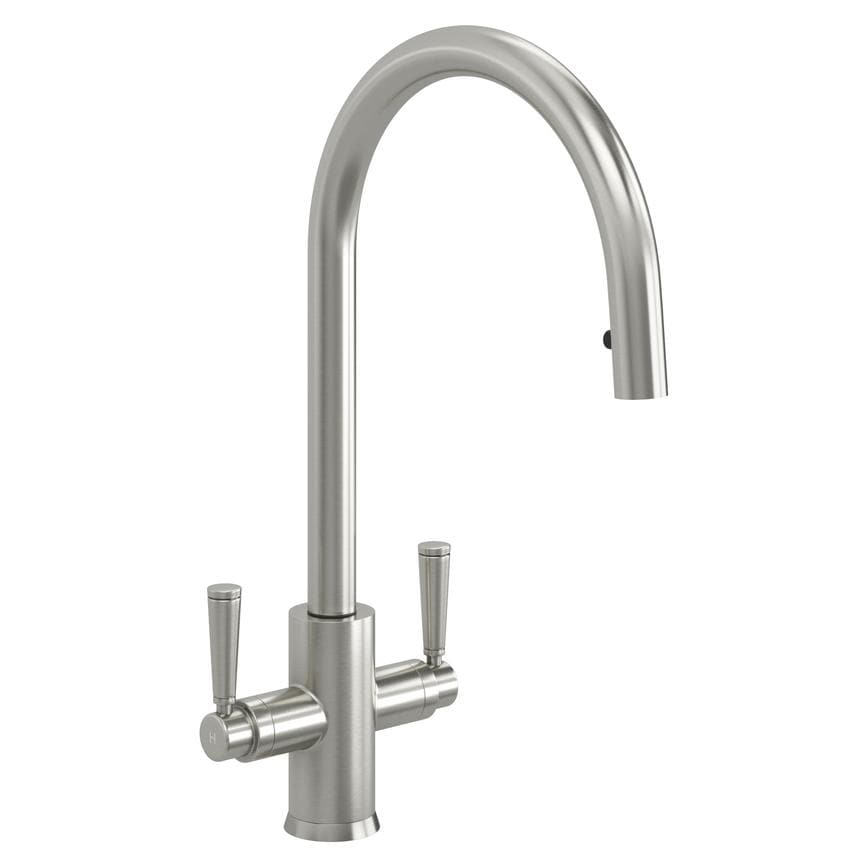 Garda Brushed Nickel Swan Neck Dual Lever Pull Out Kitchen Tap