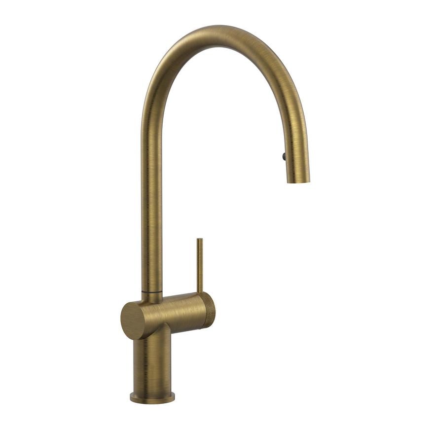 Porlock Brushed Aged Brass Swan Neck Pull Out Kitchen Tap