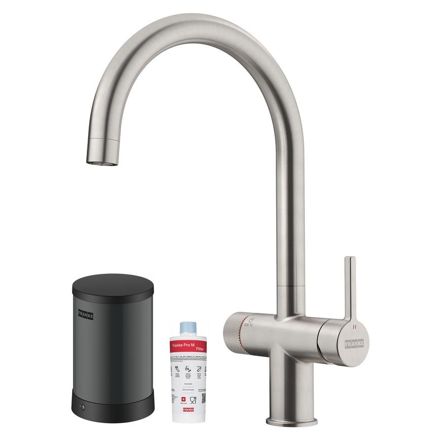 Franke Maris Water Hub Brushed Decor Steel Swan Neck 3 in 1 Boiling Water Kitchen Tap TAP8072