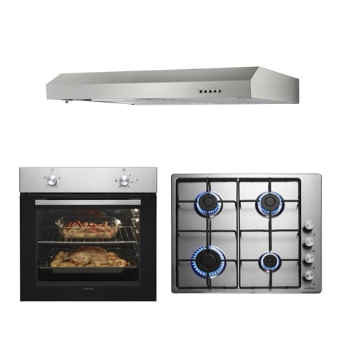 Lamona LMP9370 Stainless Steel Single Conventional Oven, Stainless Steel Gas Hob and Stainless Steel Chimney Cooker Hood Cooking Package